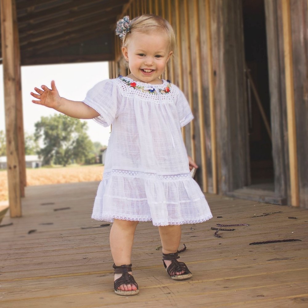 White Summer Flower Crochet Square Dress for Girl
